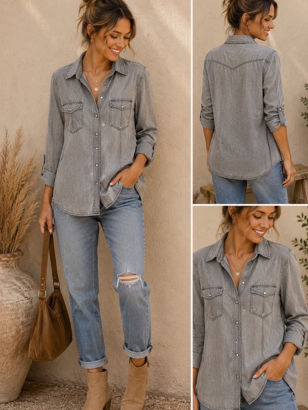 New Look 100% Cotton Utility Shirt | Washed Gray | Button Front | Medium